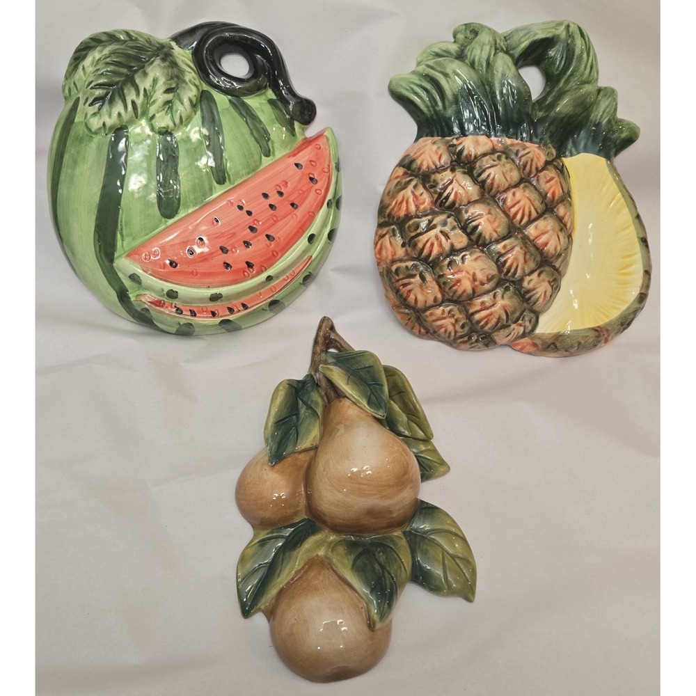 3 Vintage Hand Painted Ceramic 3D Fruit Wall‎ Hanging Home Decor 7 - 8 Inches